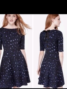 Kate Spade Blue Leopard Ponte Half Slv Lace Back Fit Flare Dress Size S EUC